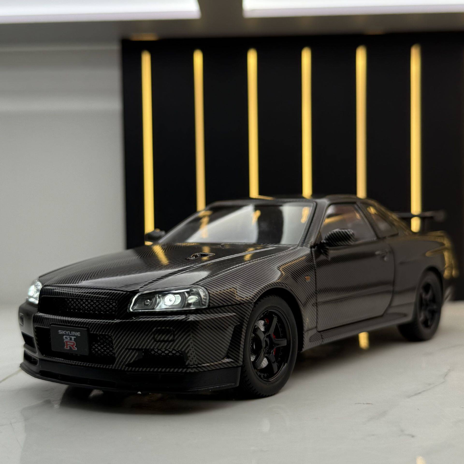 【DZ696】威丽合金车模1比24碳纤维版GTR34跑车声光回力玩具车音