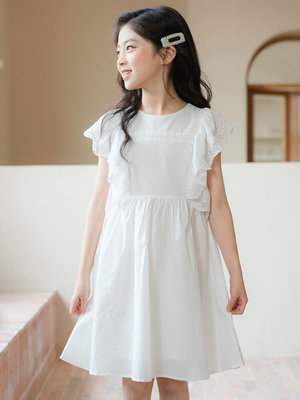 2023女童蕾丝飞袖连衣裙夏季白色甜美公主裙洋气中大童纯棉短袖裙