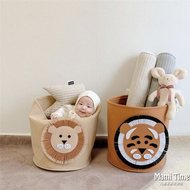 玩具收纳筒韩国INS儿童收纳筐狮子图案可水洗毛毡脏衣篮宝宝杂物