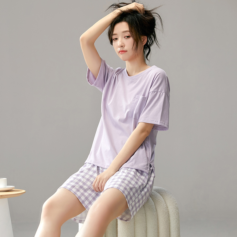 2025年新款睡衣女夏季纯棉短裤圆领纯色格子宽松可外穿夏天家居服