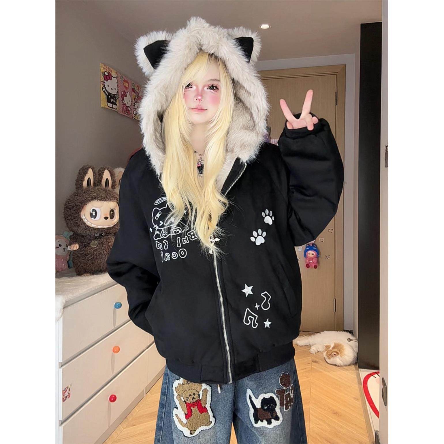 凛可爱 小众设计kt刺绣加厚毛绒外套女秋冬宽松休闲保暖夹棉上衣,个性定制/设计服务/DIY,棉服工装,淘宝优惠券,粉丝福利购,淘宝优惠卷