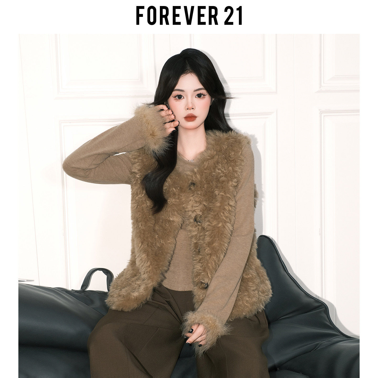 Forever 21复古咖色羊羔毛马甲外套女冬宽松叠穿无袖保暖毛绒上衣,个性定制/设计服务/DIY,棉服工装,淘宝优惠券,粉丝福利购,淘宝优惠卷