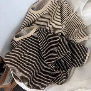 洋气品质棒 韩国儿童做旧色织间条卫衣宝宝松垮长袖上衣2022春秋