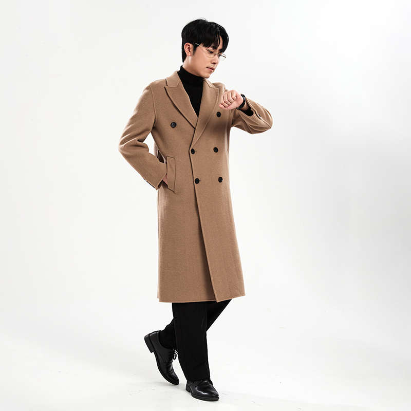 新款男士羊绒大衣加长款过膝风衣韩版修身双排扣外套毛呢潮西装领