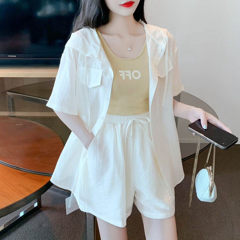 2023夏季新款法式条纹吊带背心防晒衬衫短裤三件套休闲简约套装女