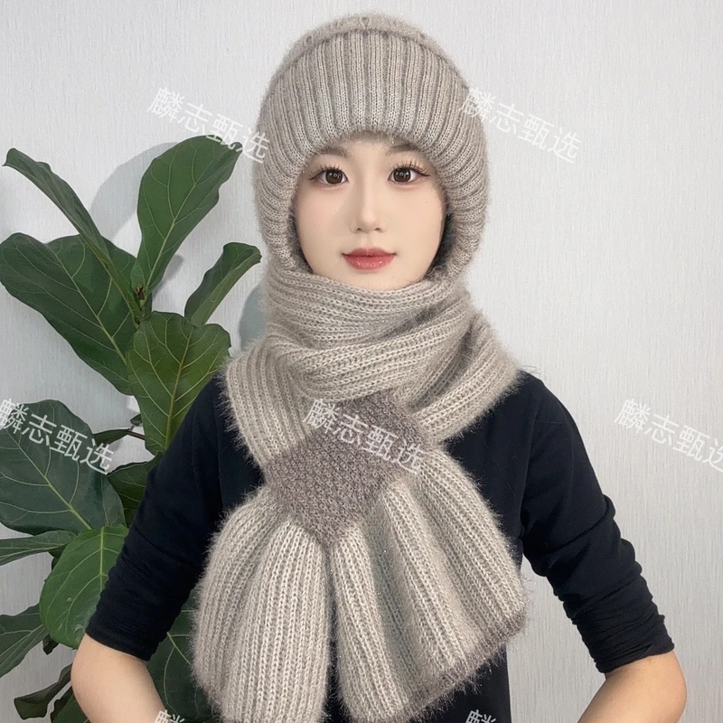 麟志甄选秋冬加绒加厚编织风雪帽百搭女士冬天护耳朵帽子围巾一体