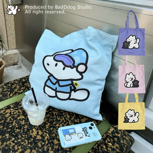 BadDog原创彩色帆布袋单肩托特购物旅行手提袋包小众卡通大容量