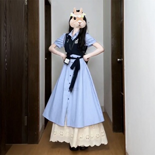 学院风修身短袖衬衫连衣裙+绑带针织马甲叠穿花边半身裙三件套装