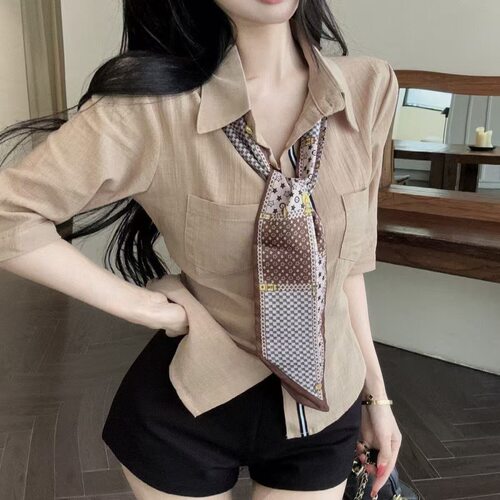 老钱风丝巾领带Polo领衬衫女夏季高级感中袖上衣气质通勤别致衬衣