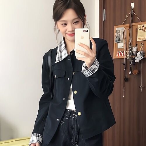 独特漂亮的初秋外套女2026新款春秋小个子休闲翻领格纹拼接夹克潮