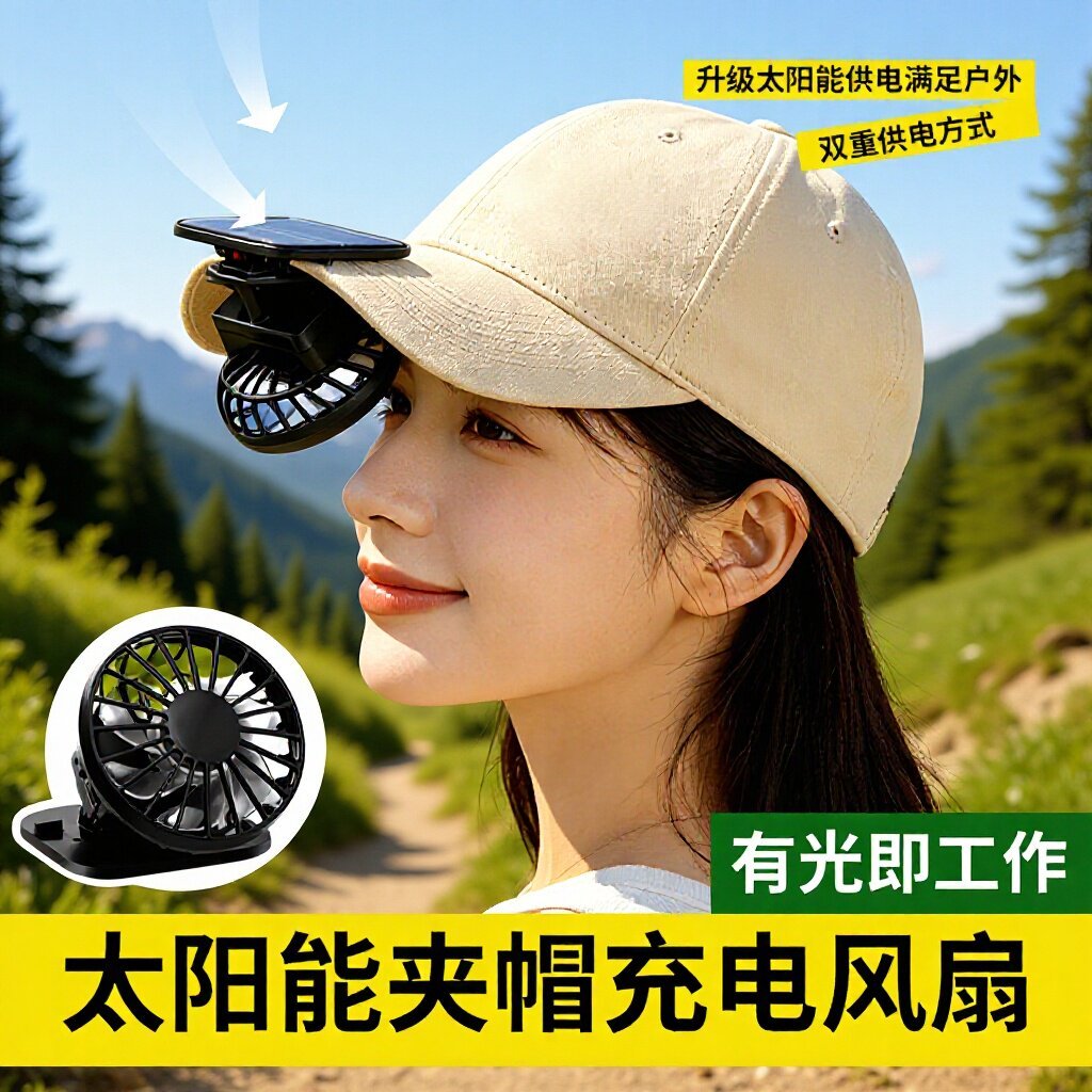 太阳能夹帽子式可USB充电小风扇便携式迷你儿童学生随身静音降温