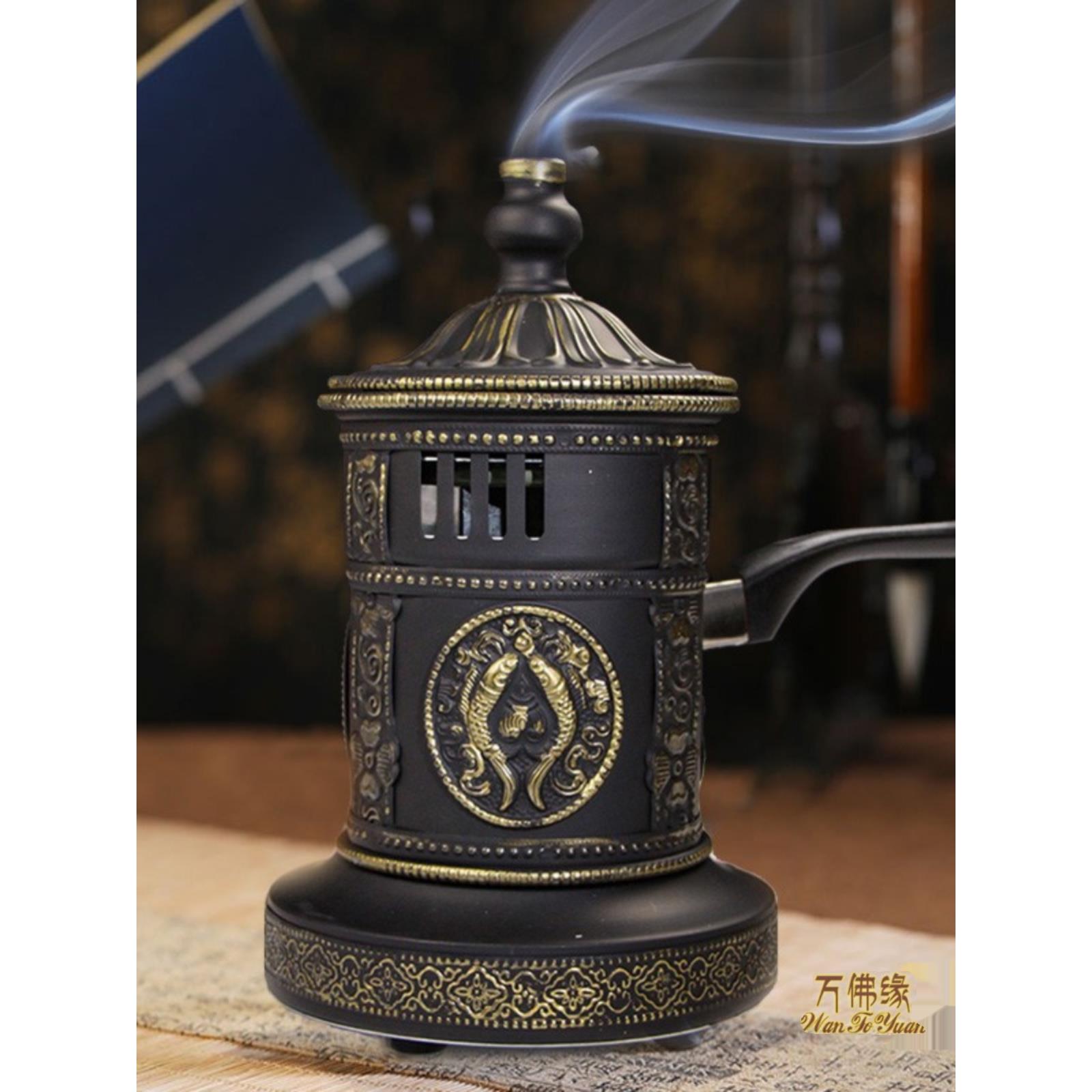 藏式电香炉插电家用电子香薰炉煨桑复古抗摔烟供炉带手柄金色手炉
