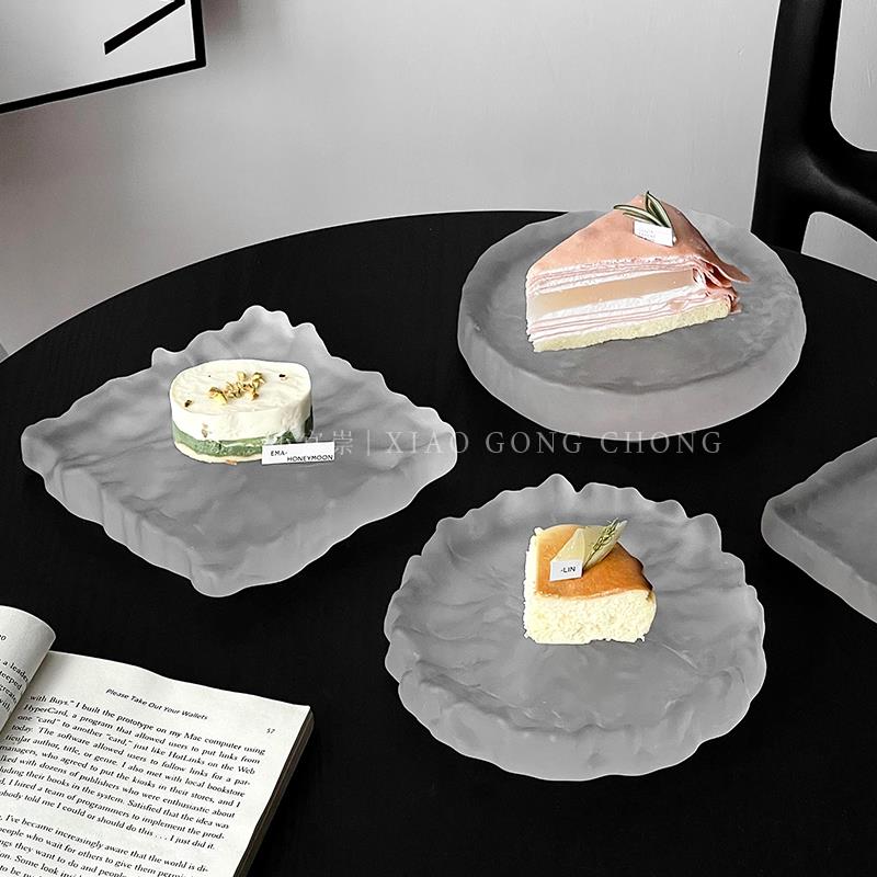 磨砂冰川玻璃盘高级感冷餐甜品托盘寿司盘子创意宴会西点展示底托