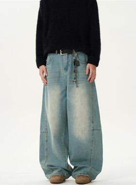 KISKO美式复古水洗做旧明线弯刀牛仔裤男女痞帅阔腿宽松休闲长裤