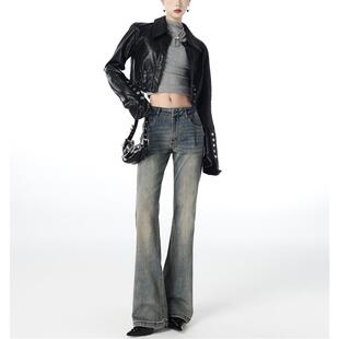 温姗美式辣妹复古低腰弹力微喇牛仔裤女秋冬修身显瘦百搭加绒长裤