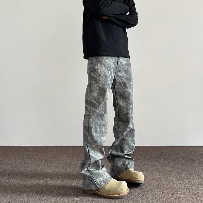 A PUEE美式高街vibe风迷彩扎染皮裤休闲裤潮cleanfit直筒微喇裤子