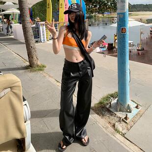 显瘦百搭直筒阔腿休闲长裤 美式 女2023新款 KRO黑色PU高腰辣妹皮裤