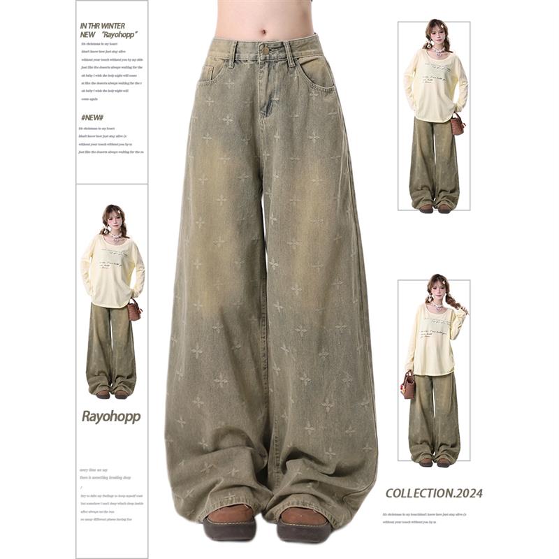 Rayohopp牛仔裤女春季辣妹阔腿复古重工十字星宽松水洗做旧直筒裤