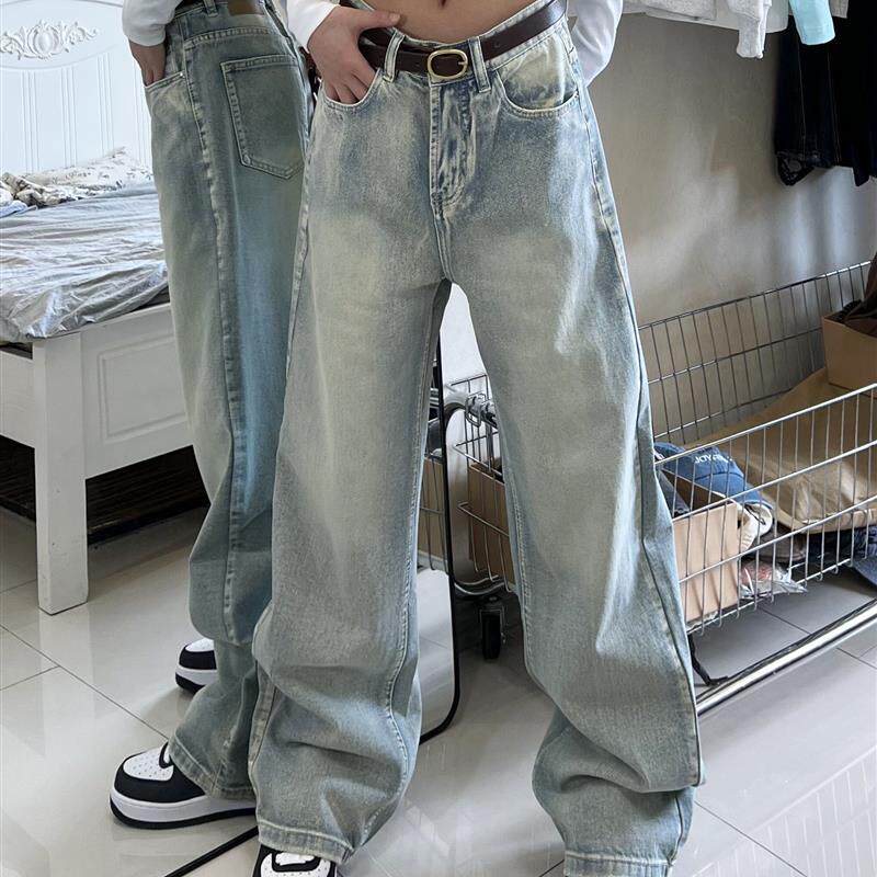 ISLAND美式复古浅色牛仔裤男女宽松垂感直筒显瘦高街阔腿拖地裤子