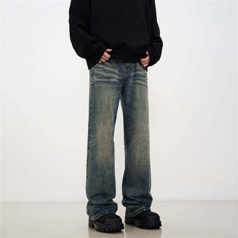 KISKO美式高街水洗做旧黄泥微喇牛仔裤男潮直筒显瘦cleanfit裤子