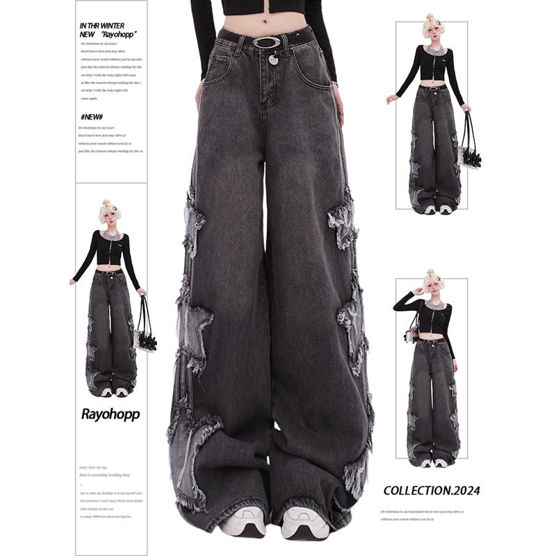Rayohopp牛仔裤女春季多巴胺穿搭美式街头贴布绣星星条纹阔腿裤bf