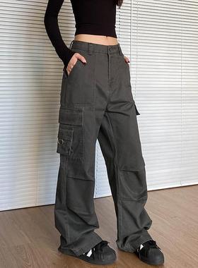 apocket新款美式复古多口袋工装裤女欧美宽松直筒百搭休闲长裤子