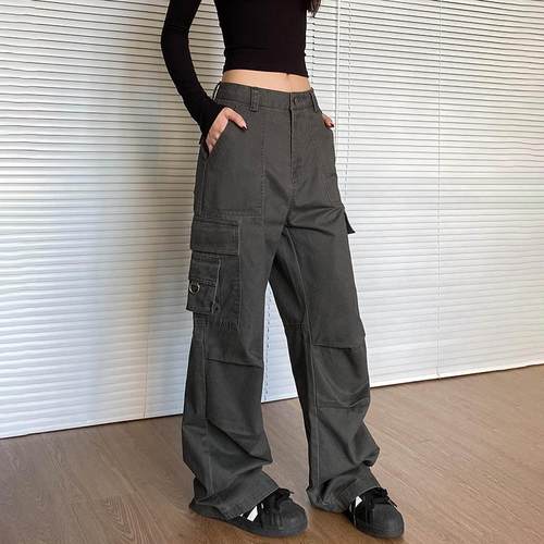 apocket新款美式复古多口袋工装裤女欧美宽松直筒百搭休闲长裤子