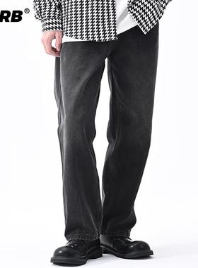 RHRB美式复古宽松直筒加绒黑色牛仔裤男秋季新款休闲直筒痞帅裤子