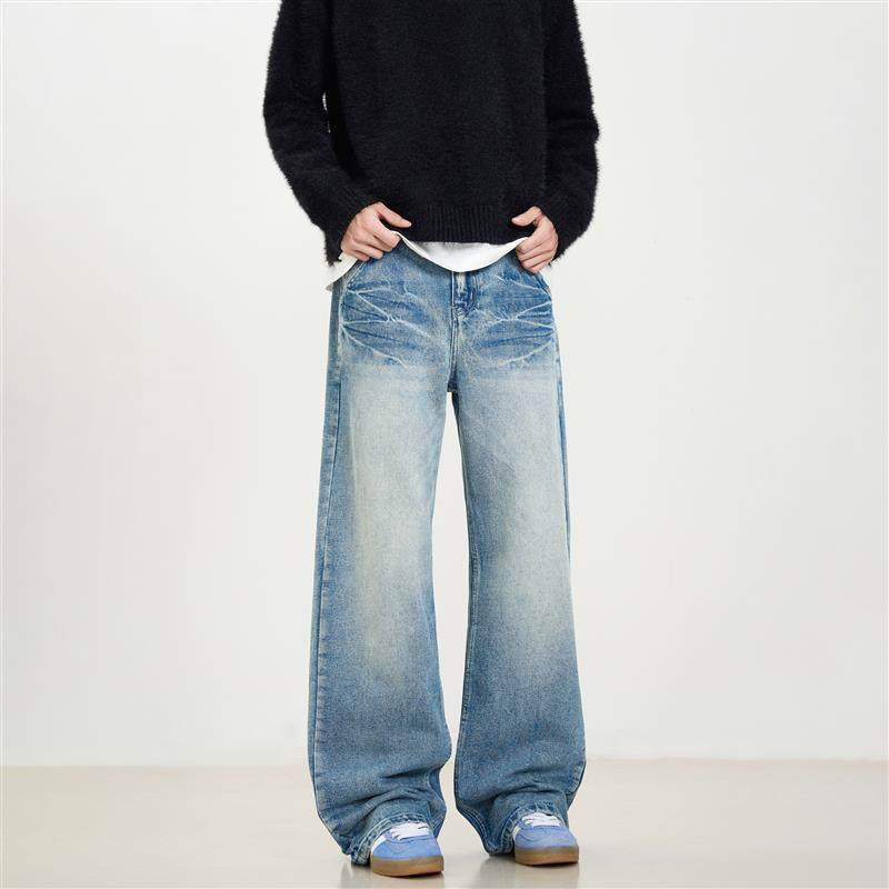 KISKO新款美式复古水洗蓝色宽松休闲牛仔裤男女设计直筒百搭裤子