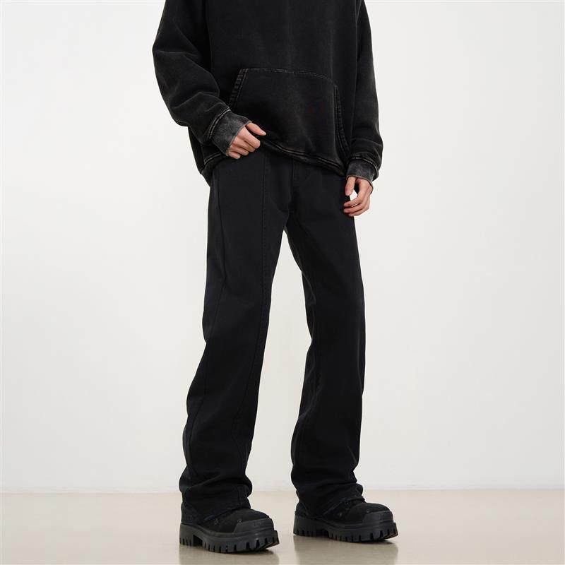 KISKO高街美式垂感cleanfit黑色微喇牛仔裤男直筒显瘦vibe裤子潮