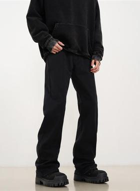 KISKO高街美式垂感cleanfit黑色微喇牛仔裤男直筒显瘦vibe裤子潮