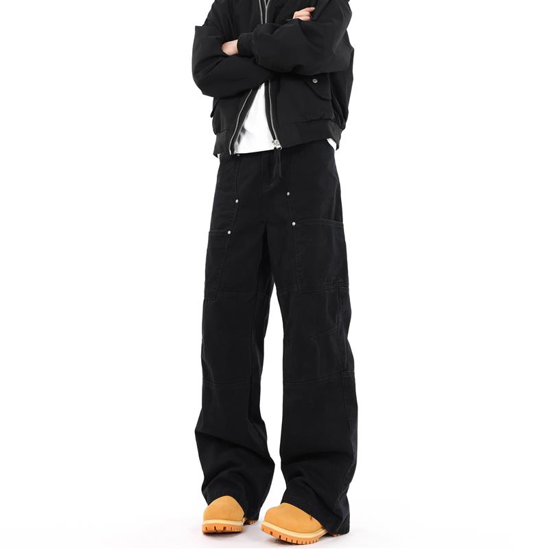 FILFR美式高街vibe黑色微喇叭工装裤男女vintage做旧显瘦直筒裤子