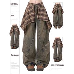 Rayohopp复古牛仔裤女春季带裙边假两件设计感宽松辣妹垂感阔腿裤