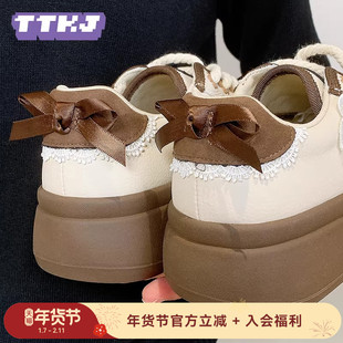 TTKJ蝴蝶结鞋子女鞋2026新款琥珀流光风面包厚底鞋子芭蕾大头板鞋