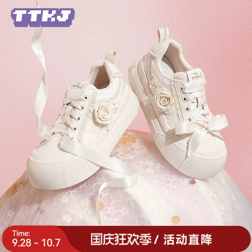 立体手工玫瑰花帆布小白鞋