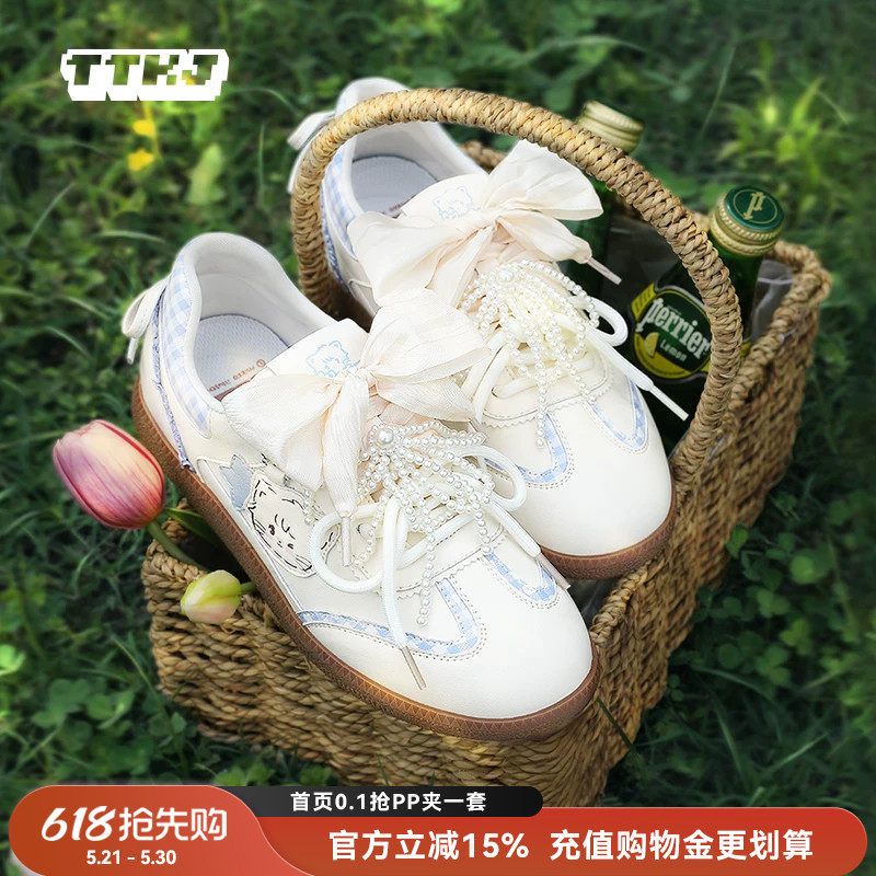 TTKJ蓝色皮质miu系芭蕾德训鞋女夏季透气拼色mikko联名休闲运动鞋