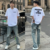 高街字母印花ins潮牌设计感小领口上衣 T恤男美式 夏季 270g重磅短袖