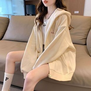 INS春秋冬慵懒风oversize拉链绒衫 绣花图案学生连帽卫衣女装 上衣