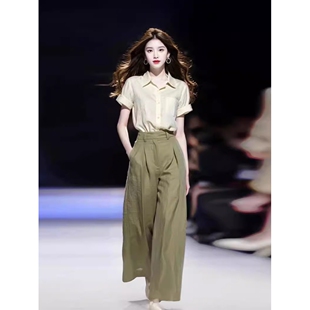 搭配一整套松弛感穿搭短袖 阔腿裤 夏装 衬衫 女 炸街减龄时尚 套装