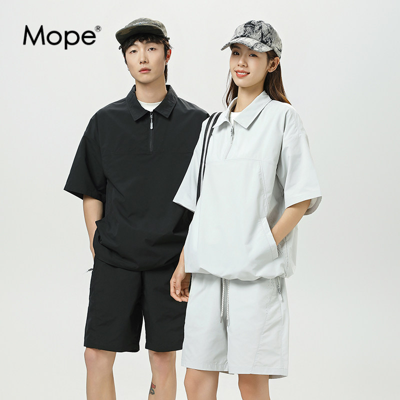 MOPE夏季新款衬衫短裤套转男女款潮流衬衣薄款百搭五分袖半拉链