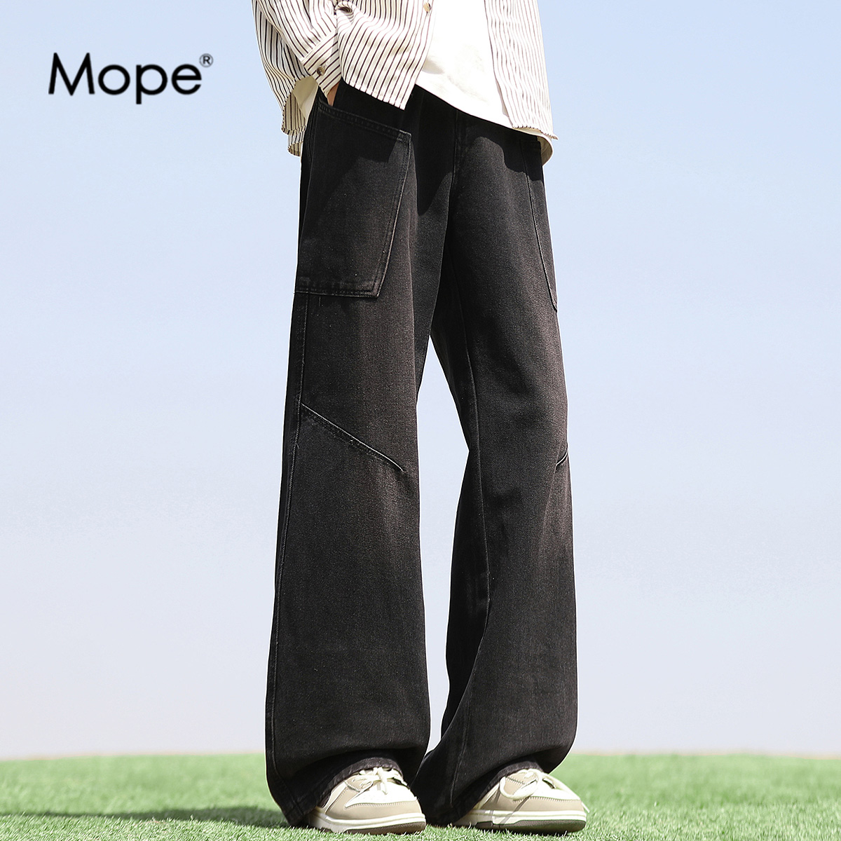 MOPE秋季新款宽松直筒牛仔裤男潮流百搭休闲长裤子