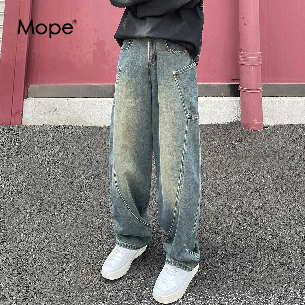 MOPE秋季新款宽松直筒牛仔裤男潮流百搭休闲长裤子
