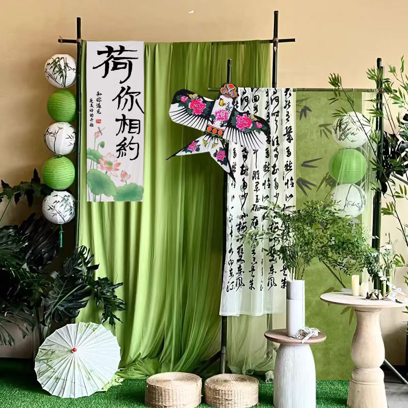 定制中式荷花夏季布置背景布挂布户外小院露营拍照氛围装饰布条幅