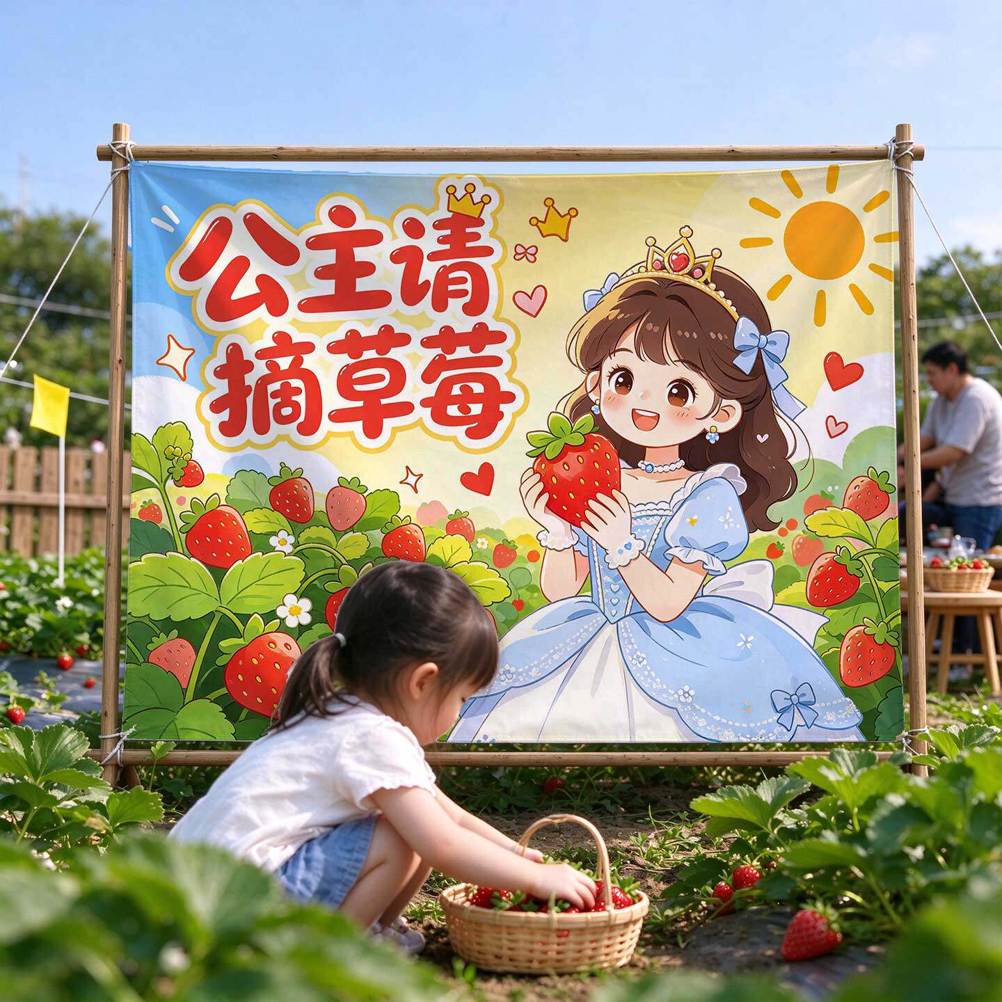 户外草莓采摘园亲子打卡背景布
