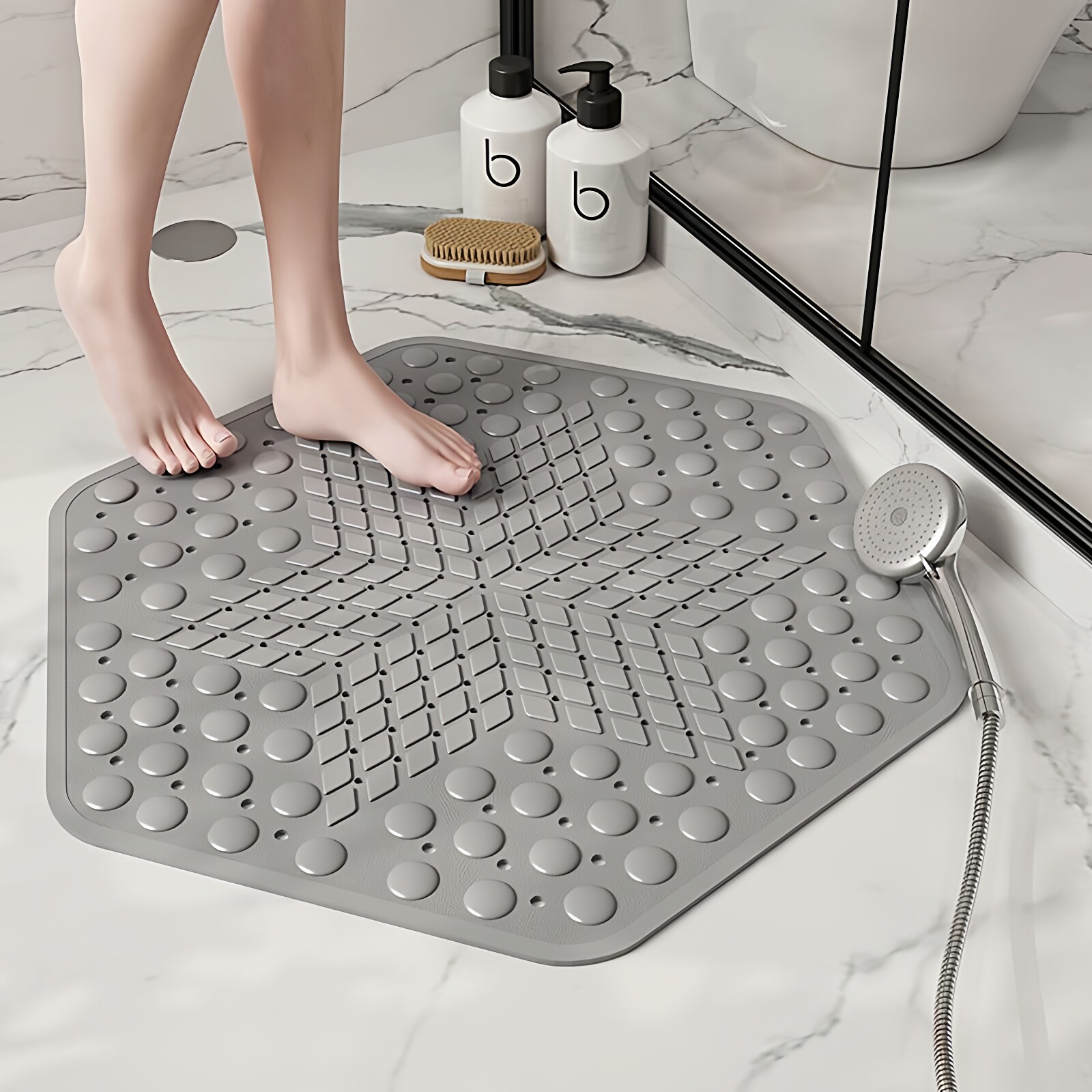 六边形纯色防滑垫浴室垫洗澡防摔家用淋浴房吸盘地垫卫浴按摩脚垫