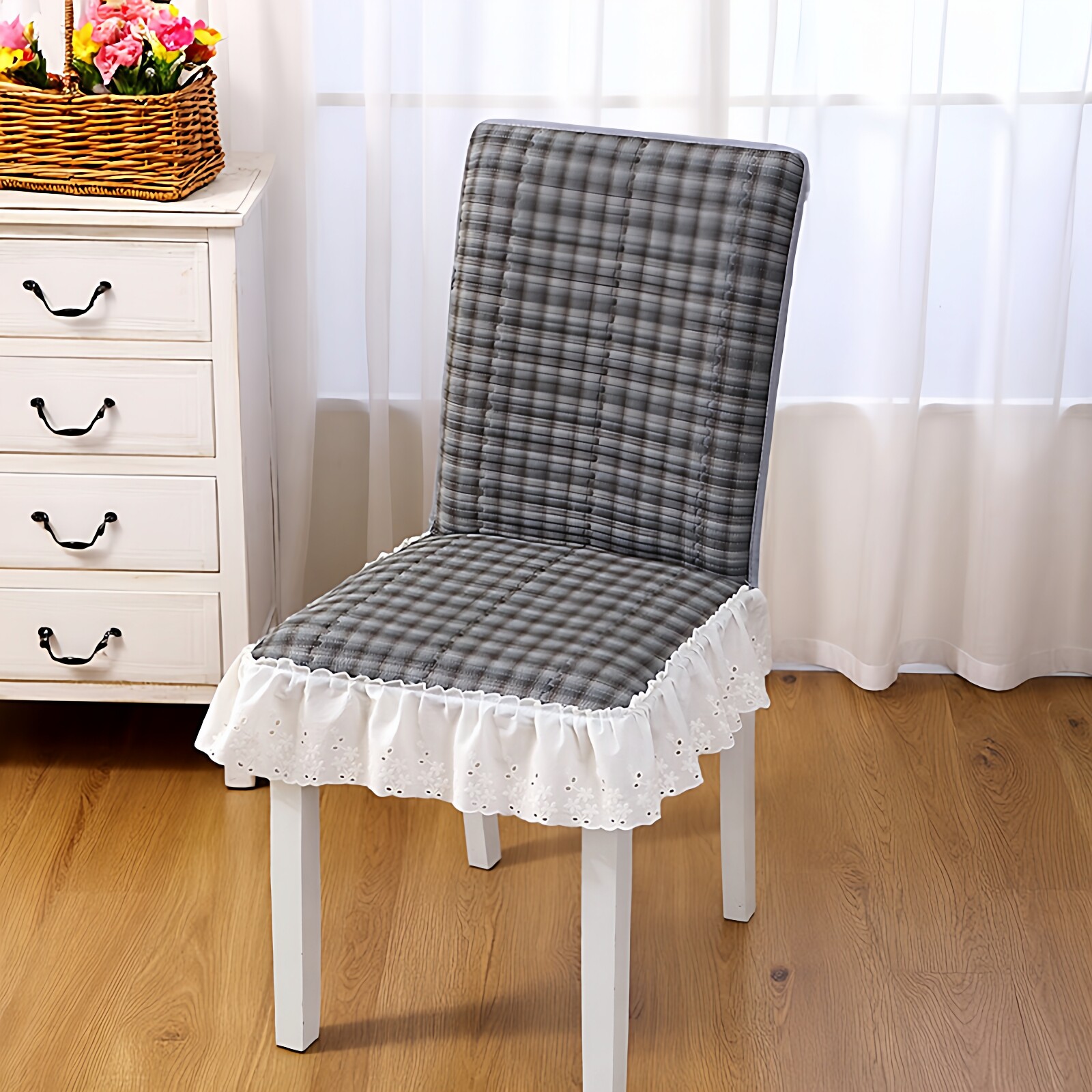时尚格子连体餐椅套椅子套罩家用蕾丝法式坐垫一体四季万能通用,居家布艺,椅套/椅垫,淘宝优惠券,粉丝福利购,淘宝优惠卷