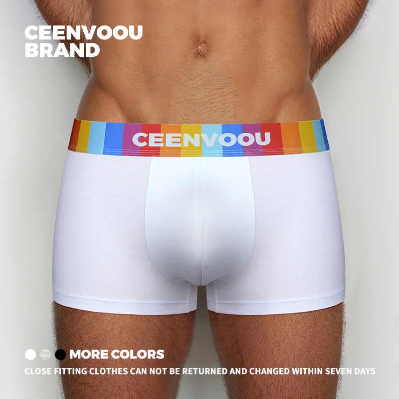 3条CEENVOOU男士内裤U凸囊袋时尚彩虹四角短裤纯棉修身低腰平角裤