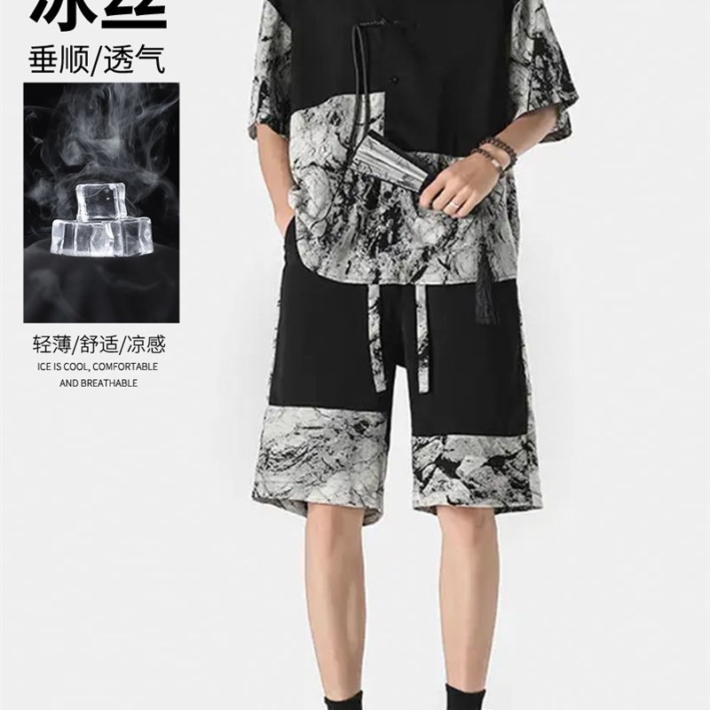 新中式衬衫男夏季垂感冰s丝套装胖子短袖短裤加肥加大码国风两件