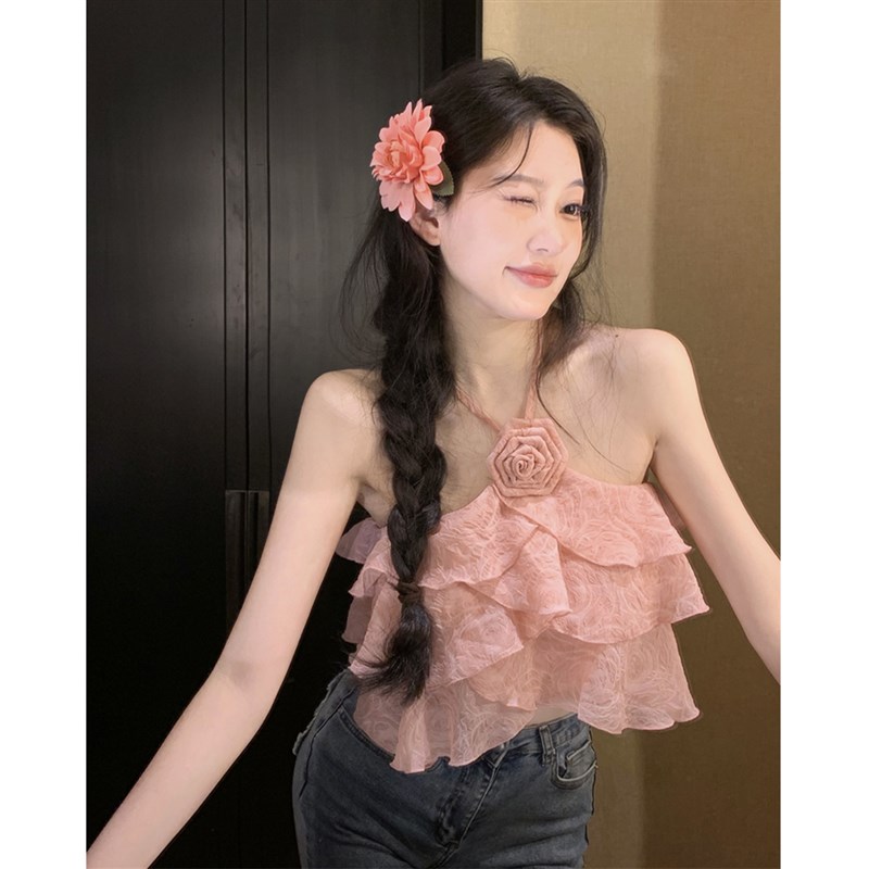 撩心玫瑰露设计感小o众挂脖外穿吊带背心女甜辣风纯欲露脐上衣夏