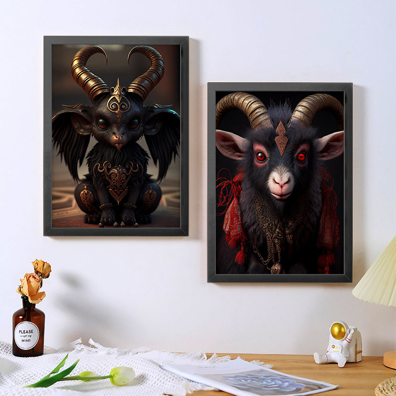 a4羊头恶魔海报框画装饰画西方地狱撒旦刺青店剧本杀背景墙壁挂画